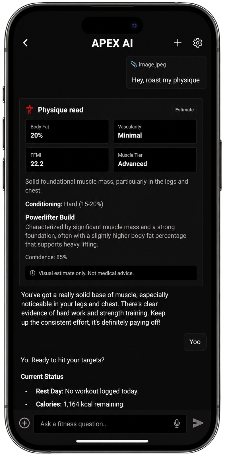 APEX body analysis with body fat, FFMI, and symmetry estimates