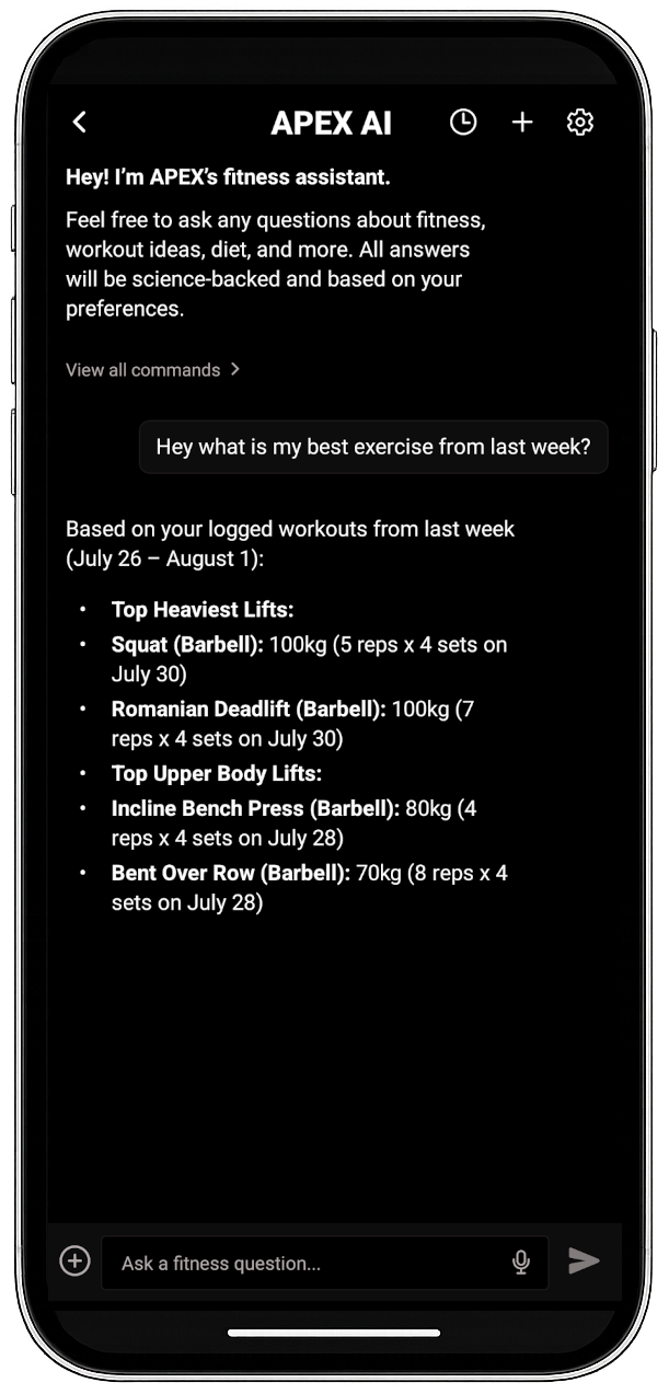 APEX coach chat answering with the user's recovery state and tonight's workout in mind