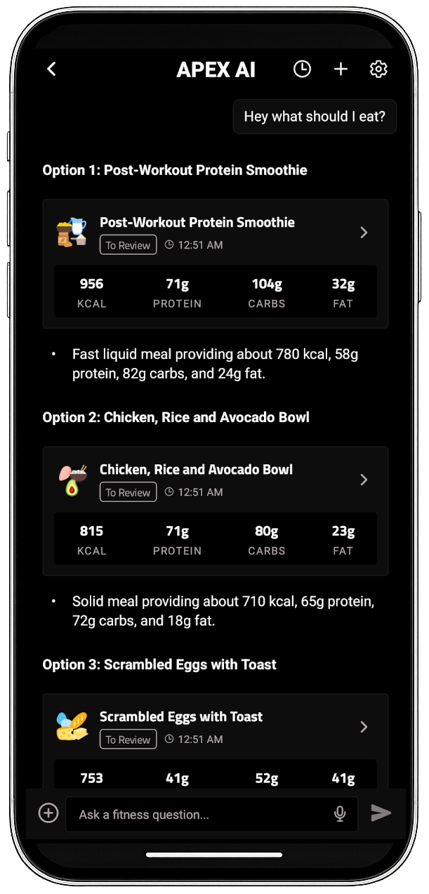 APEX chat suggesting a meal that fits the day's remaining macros