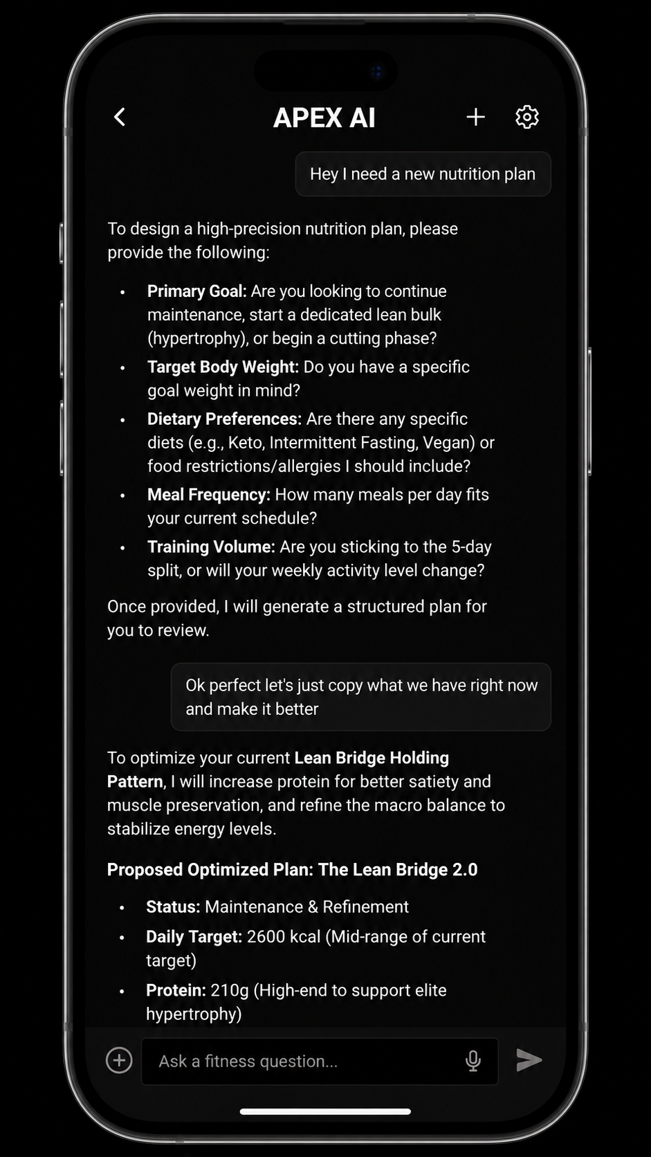 APEX chat generating a training and nutrition plan ready to save