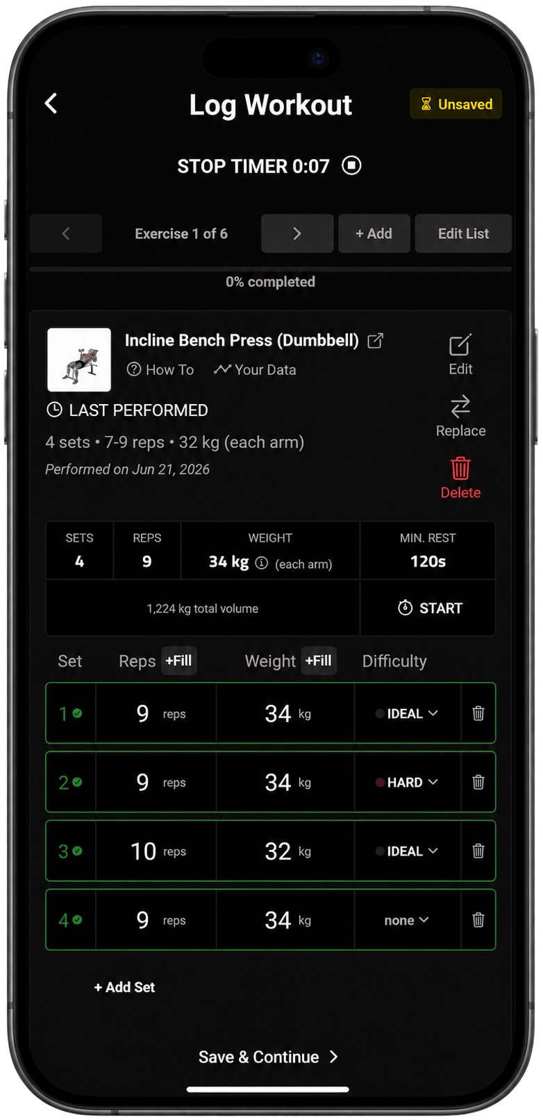 APEX live workout logging screen